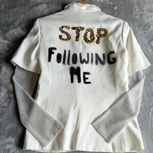 Custom White Blazer “STOP FOLLOWING ME” – Pearl Mesh Sleeves – One-of-a-Kind